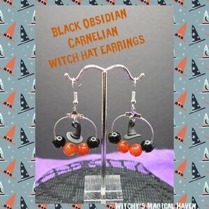 Carnelian and Black Obsidian Beads with Witch Hat Charm Halloween Earrings